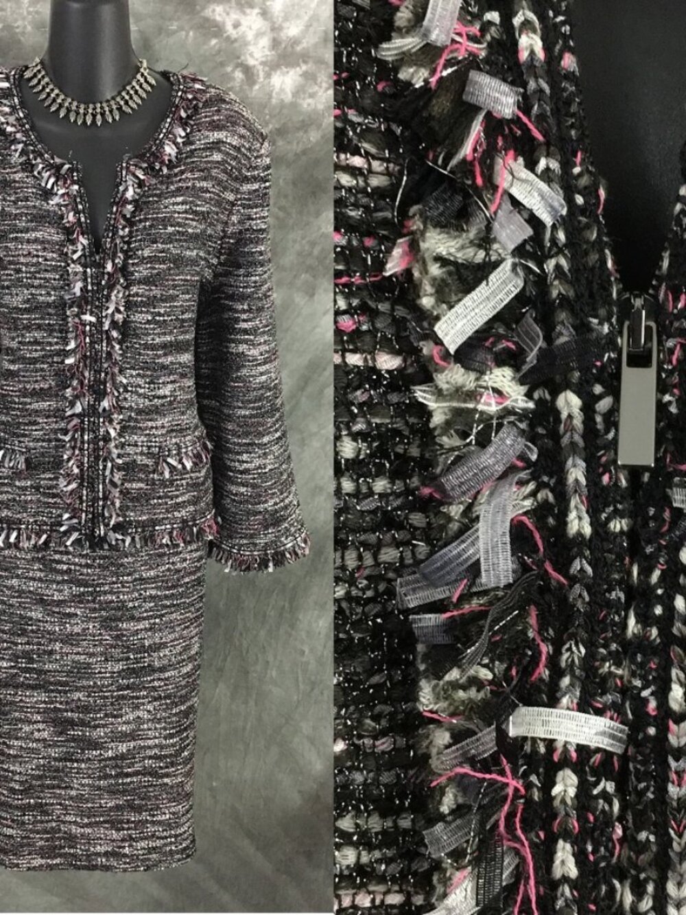 NWT NEW st john knit pink black multi fringe shimmer jacket skirt suit size 14